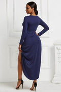 High-low Ruched Surplice Long Sleeve Dress - Hovatok