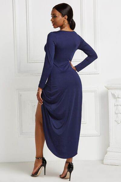 High-low Ruched Surplice Long Sleeve Dress - Hovatok