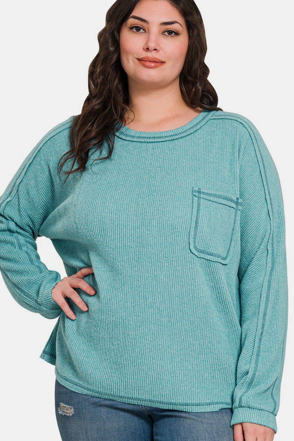 Zenana Full Size Contrast Stitching Brushed Ribbed Hacci Knit Top Plu Size - Hovatok