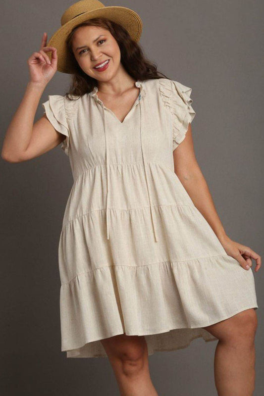 Umgee Full Size Linen A-line Tiered Mini Dress Plus Size - Hovatok