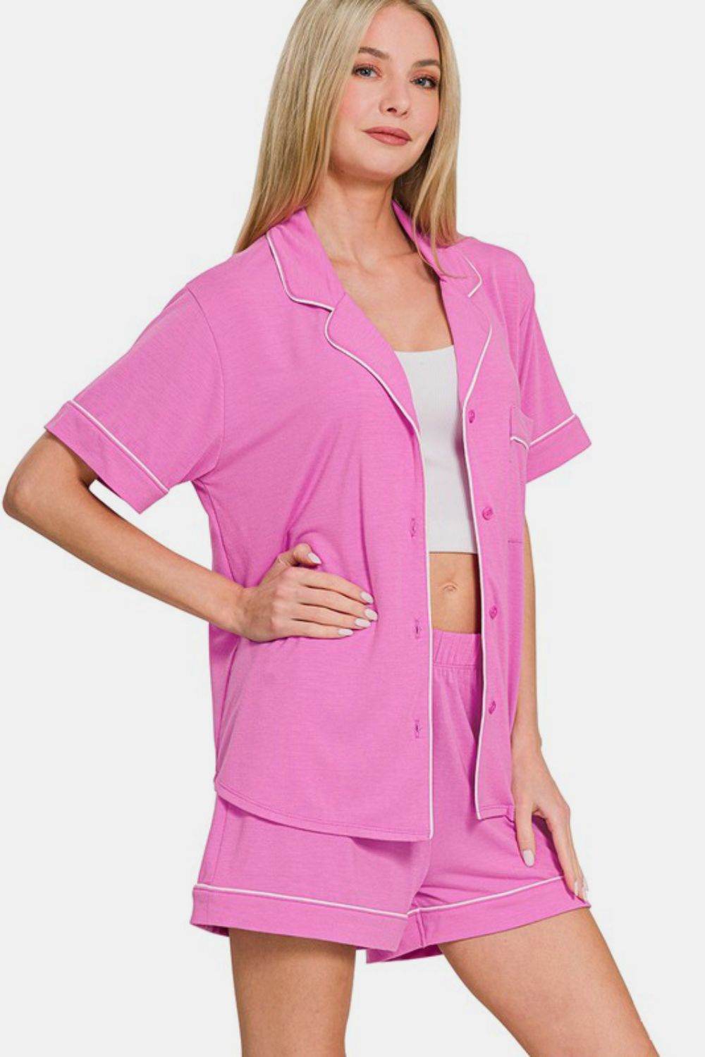 Zenana Button Down Short Sleeve Top and Shorts Lounge Set - Hovatok