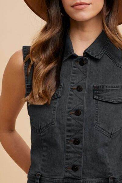 Annie Wear Collared Neck Button Down Denim Vest - Hovatok