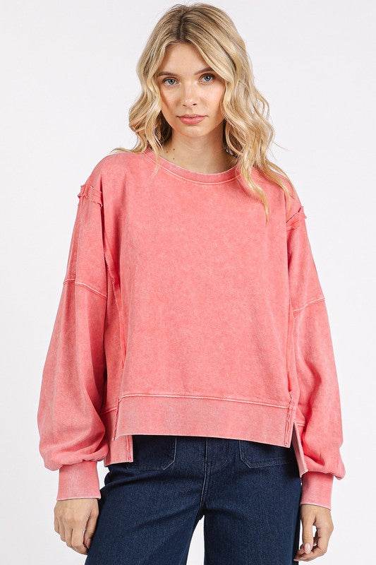 Mittoshop Side Slit Exposed Seam Round Neck Sweatshirt - Hovatok