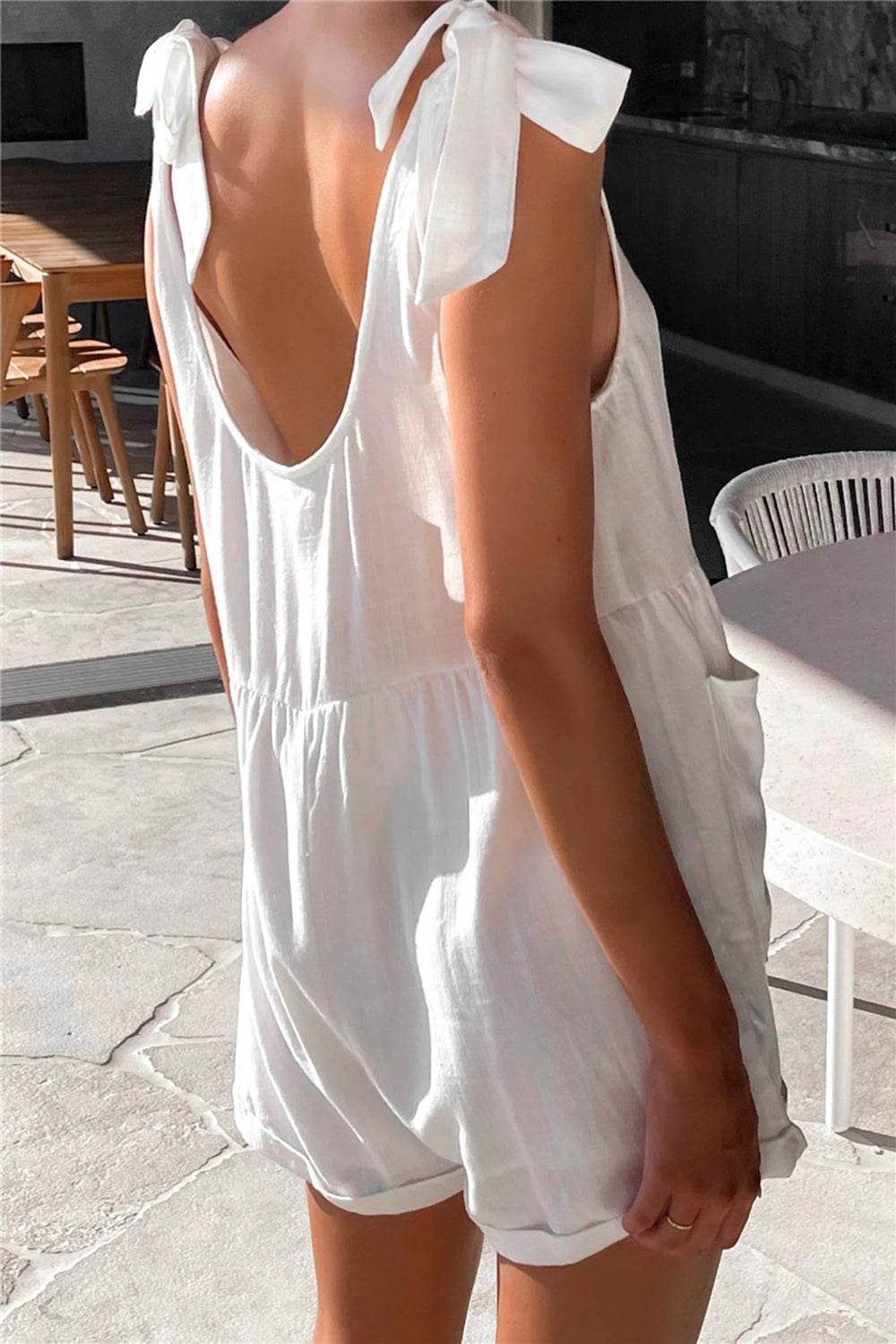 Full Size Scoop Neck Tie Shoulder Romper - Hovatok