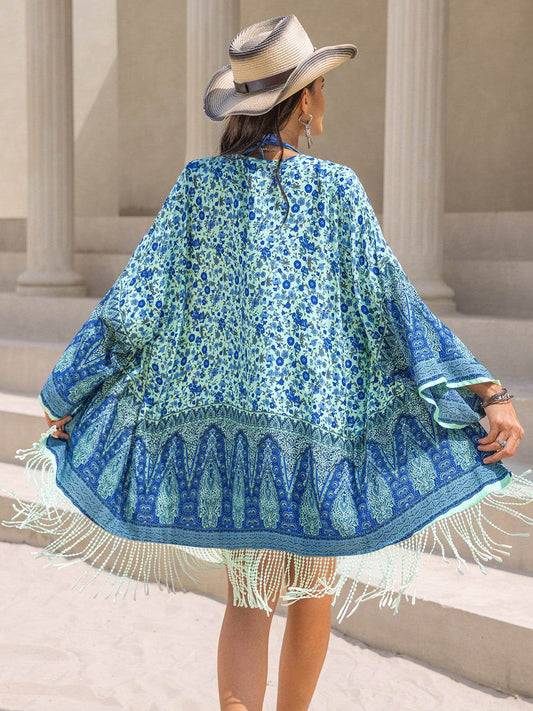 Fringe Printed Open Front Cover-Up - Hovatok