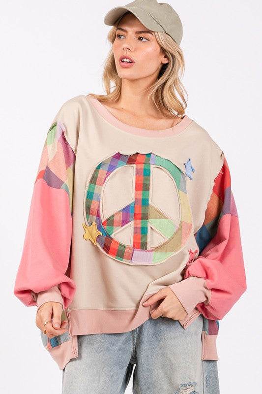 SAGE + FIG Full Size Contrast Peace Patch Dropped Shoulder Sweatshirt - Hovatok