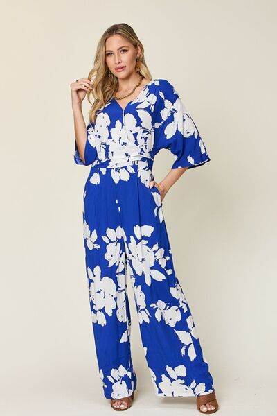 Double Take Full Size Printed Tie Back Wide Leg Jumpsuit - Hovatok