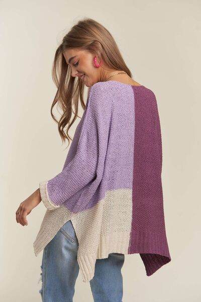 ADORA Side Slit Color Block Long Sleeve Sweater - Hovatok