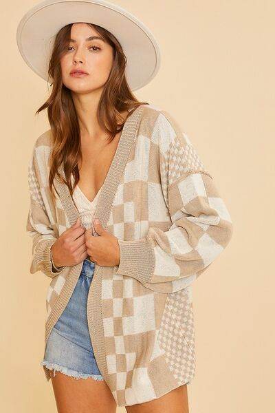Annie Wear Checkered Open Front Drop Shoulder Cardigan - Hovatok