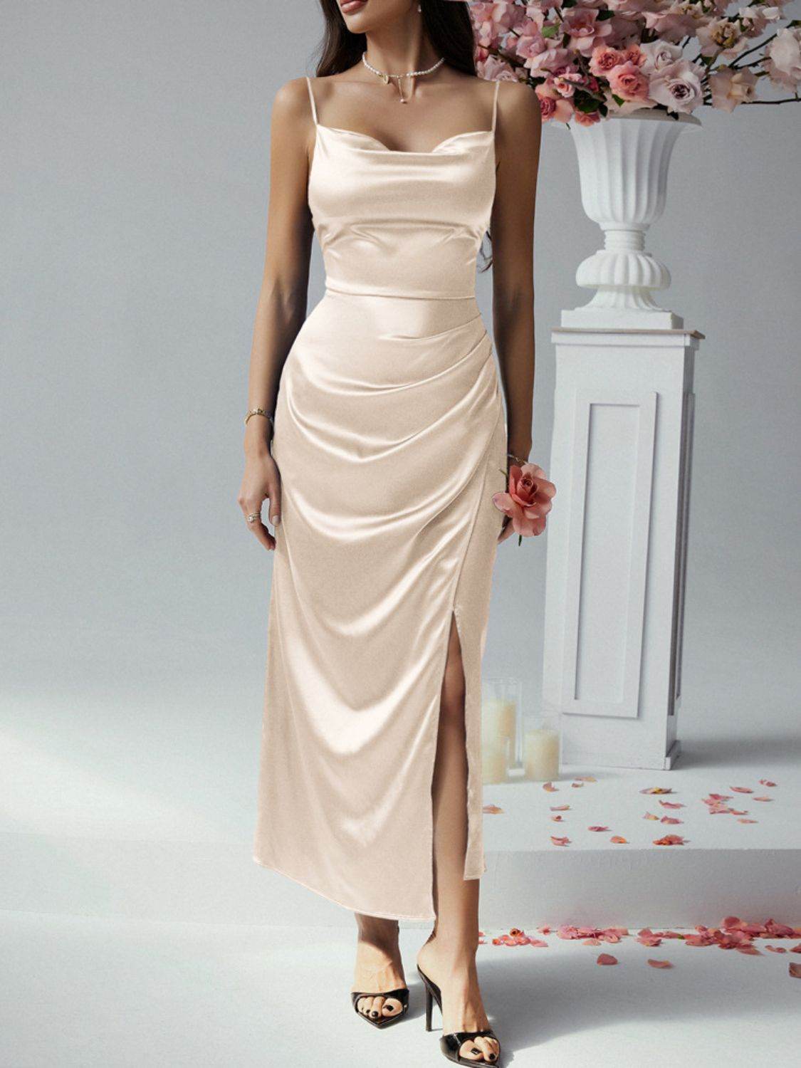 Devine Slit Ruched Maxi Cami Dress - Hovatok
