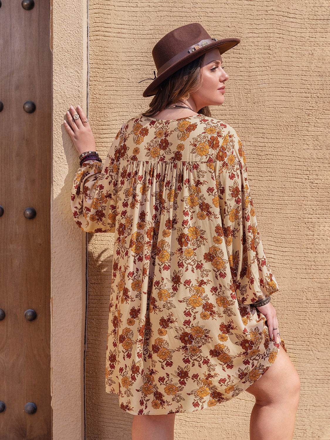 Plus Size Printed V-Neck Balloon Sleeve Mini Dress - Hovatok