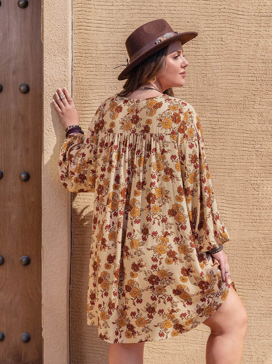 Plus Size Printed V-Neck Balloon Sleeve Mini Dress - Hovatok