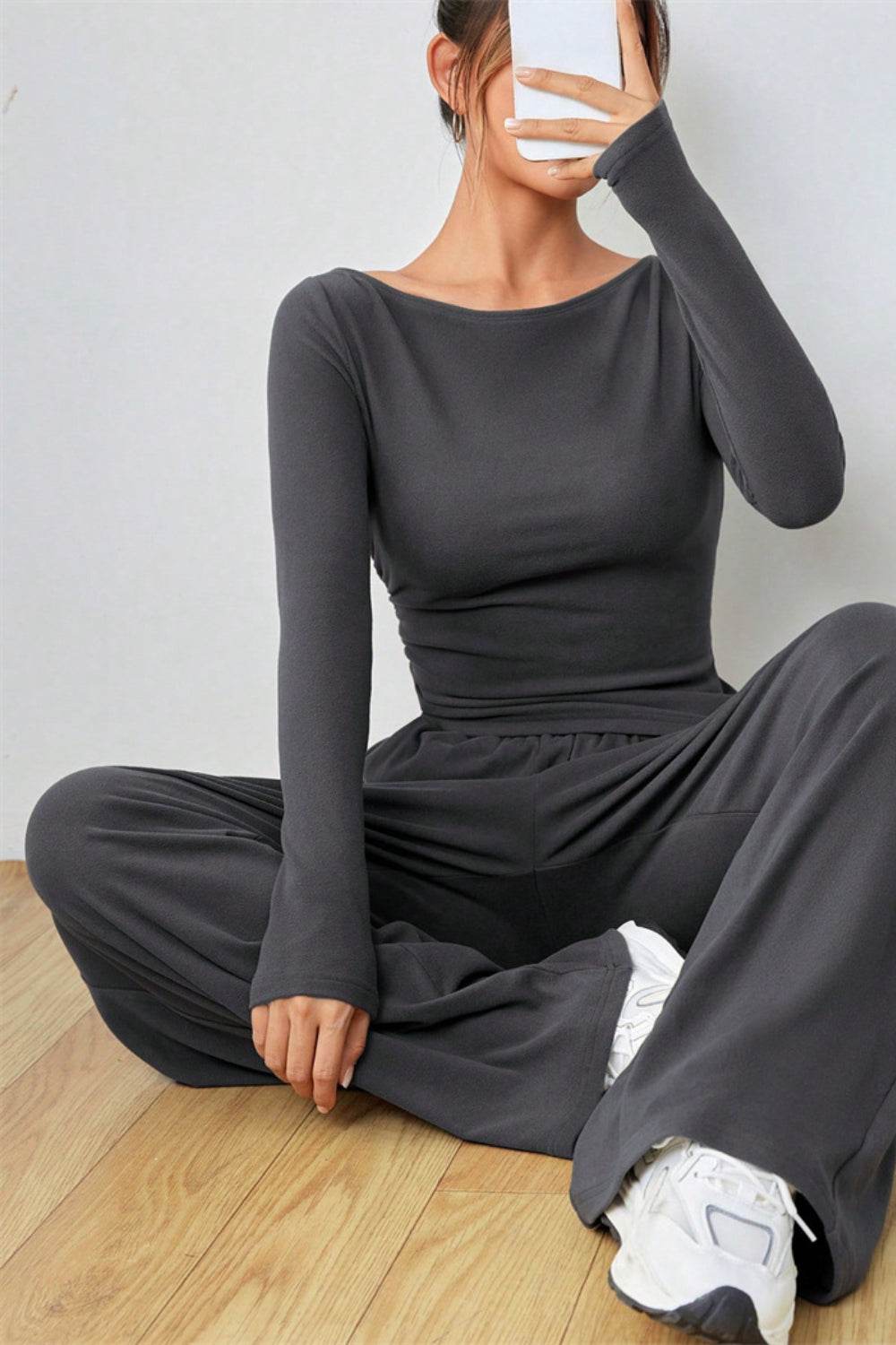 Boat Neck Long Sleeve Top and Pants Set - Hovatok
