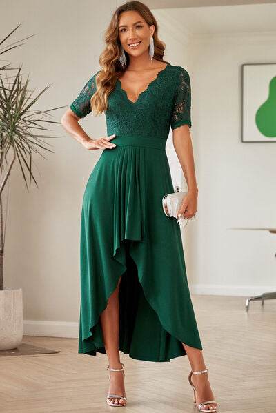 Lace Cutout V-Neck Short Sleeve Dress - Hovatok