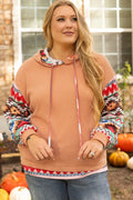 Plus Size Drawstring Geometric Long Sleeve Hoodie - Hovatok