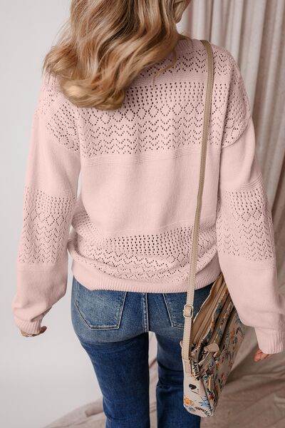 Openwork V-Neck Long Sleeve Sweater - Hovatok