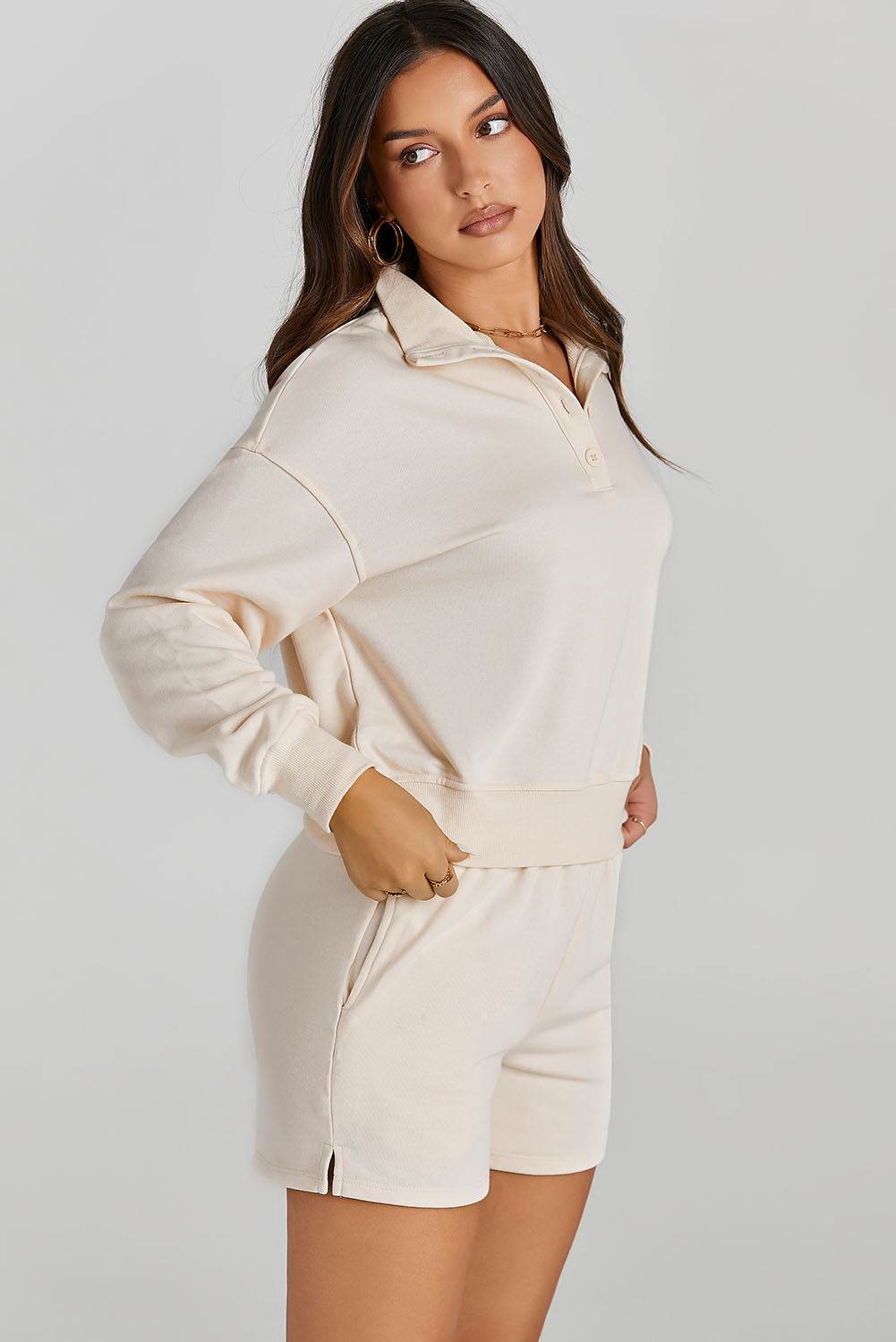 Half Button Sweatshirt and Shorts Active Set - Hovatok