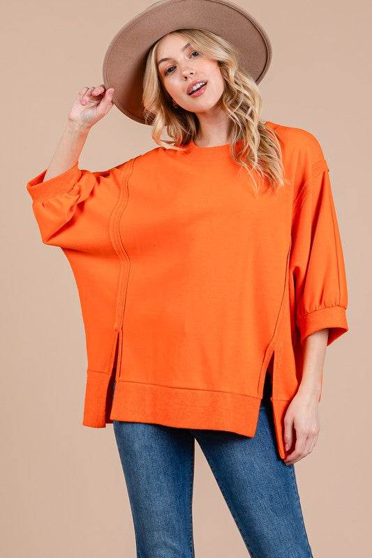 Ces Femme Side Slit Drop Shoulder Puff Sleeve Sweatshirt - Hovatok