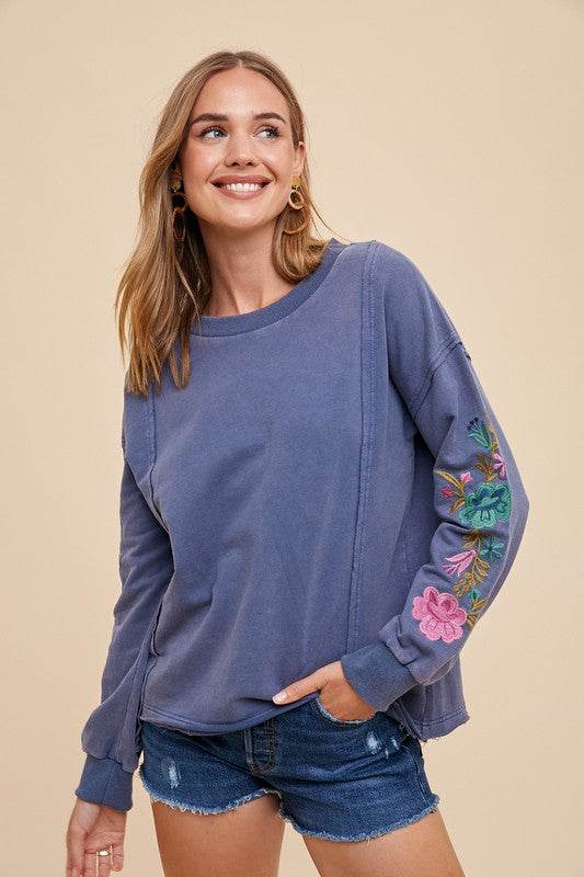 Annie Wear Embroidered Long Sleeve French Terry Top - Hovatok