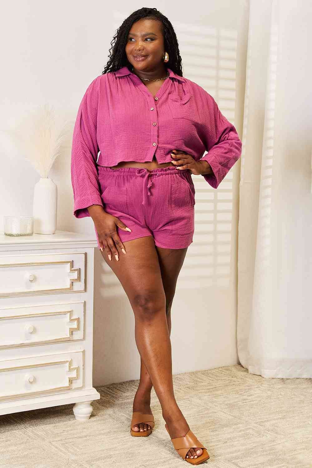 Basic Bae Buttoned Long Sleeve Top and Shorts Set - Hovatok