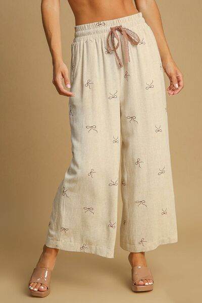 Umgee Full Size Lace Drawstring Embroidered Bow Wide Leg Pants Plus Size - Hovatok