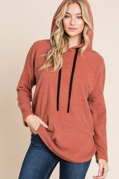 BOMBOM Contrast Drawstring Drop Shoulder Knit Hoodie - Hovatok