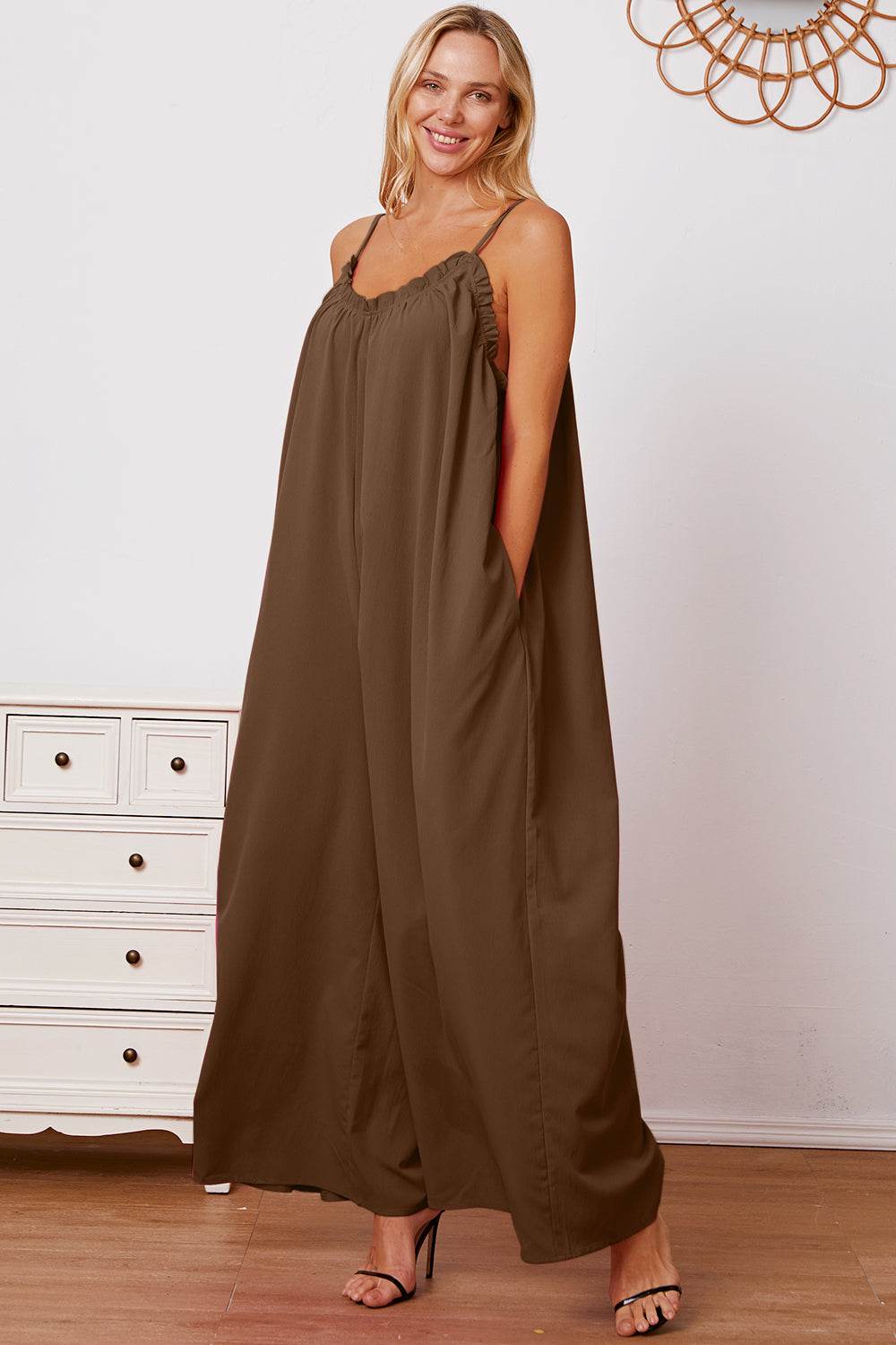 Double Take Full Size Ruffle Trim Tie Back Cami Jumpsuit with Pockets - Hovatok