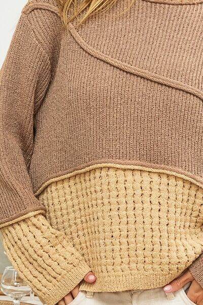 BiBi Texture Detail Contrast Drop Shoulder Sweater - Hovatok