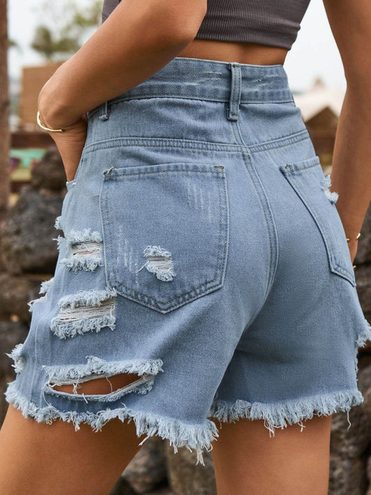 Distressed Raw Hem Denim Shorts - Hovatok