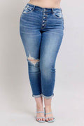 Judy Blue Full Size Button Fly Distressed Jeans with Pockets Plus Size - Hovatok