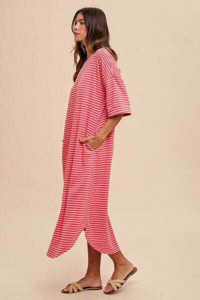 Annie Wear Striped Round Neck Terry Midi Dress - Hovatok