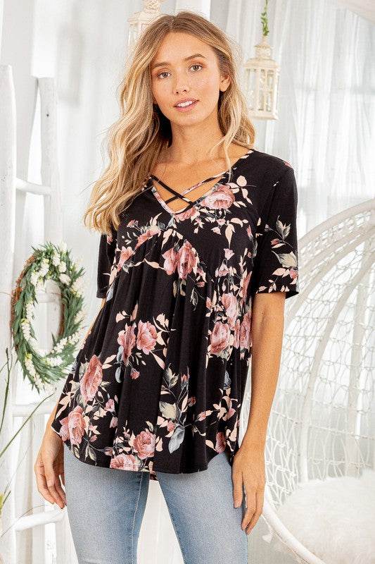 Heimish Full Size Crisscross Neck Floral Babydoll Top Plus Size - Hovatok