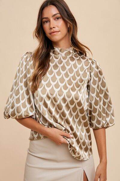 Annie Wear Tie Back Abstract Print Mock Neck Half Sleeve Blouse - Hovatok