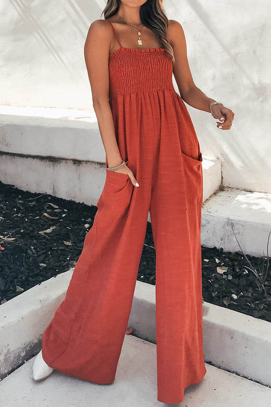 Smocked Spaghetti Strap Wide Leg Jumpsuit - Hovatok