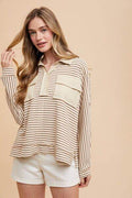 Annie Wear Striped Button Detail Long Sleeve Polo Top - Hovatok