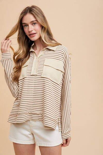 Annie Wear Striped Button Detail Long Sleeve Polo Top - Hovatok