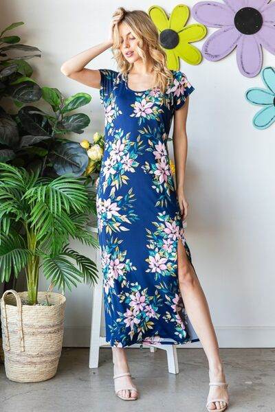 Heimish Full Size Floral Short Sleeve Slit Dress - Hovatok