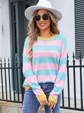 Angel Wings Striped Round Neck Dropped Shoulder Sweater - Hovatok