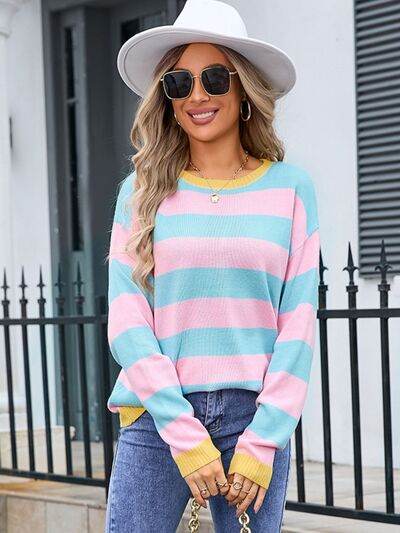 Angel Wings Striped Round Neck Dropped Shoulder Sweater - Hovatok
