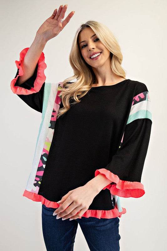 Celeste Full Size Ruffle Sleeve Color Block Top Plus Size - Hovatok