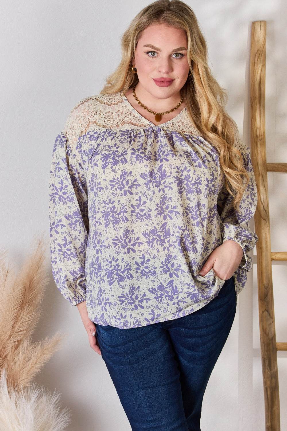 Hailey & Co Full Size Lace Detail Printed Blouse - Hovatok