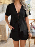 Devine Tied V-Neck Short Sleeve Top and Shorts Set - Hovatok