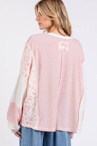 SAGE + FIG Floral Long Sleeve V-Neck Waffle Knit Top - Hovatok