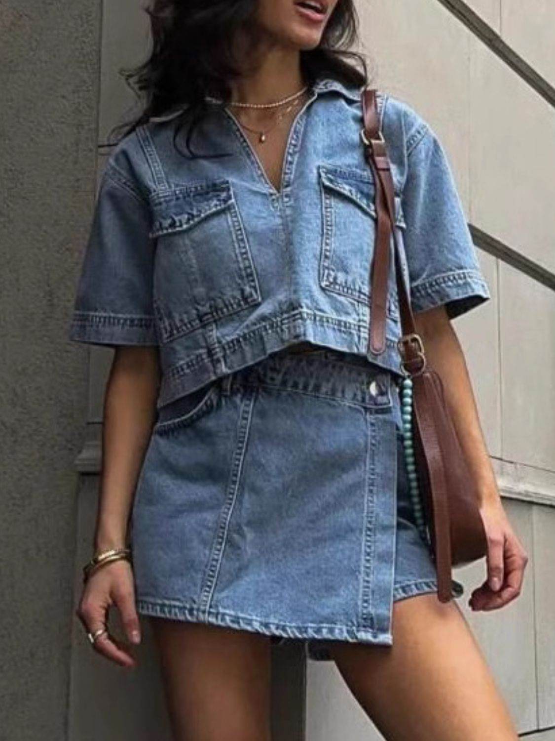Johnny Collar Short Sleeve Top and Skort Denim Set - Hovatok