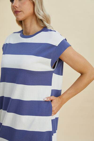 Basic Bae Full Size Striped Round Neck Cap Sleeve Mini Dress - Hovatok