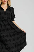 Umgee Full Size Swiss Dot Jacquard Tiered Midi Dress Plus Size - Hovatok
