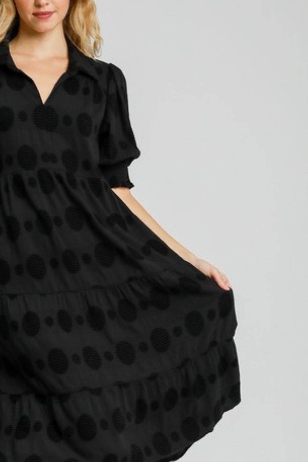 Umgee Full Size Swiss Dot Jacquard Tiered Midi Dress Plus Size - Hovatok