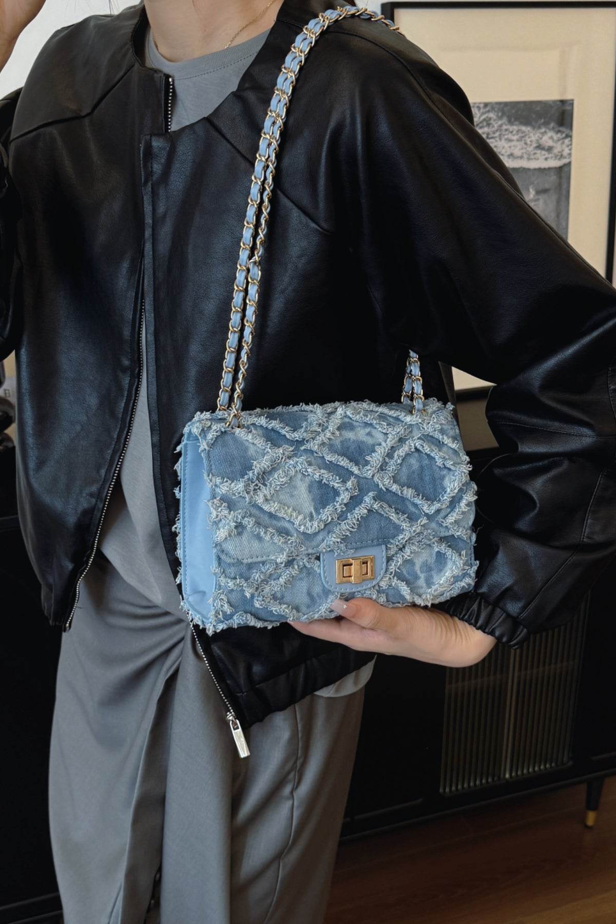 Raw Hem Denim Crossbody Bag - Hovatok