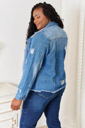 Baeful Leopard Floral Distressed Raw Hem Denim Jacket - Hovatok