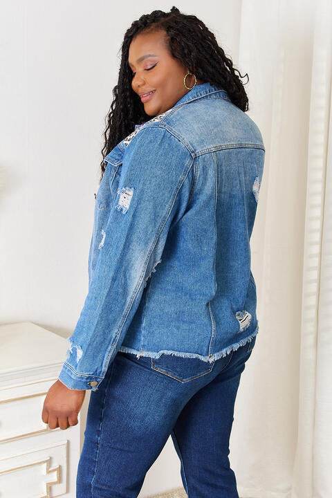 Baeful Leopard Floral Distressed Raw Hem Denim Jacket - Hovatok